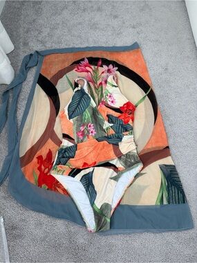New Tropical Floral One-Piece Swimsuit with Leaf Print sheer cover skirt.